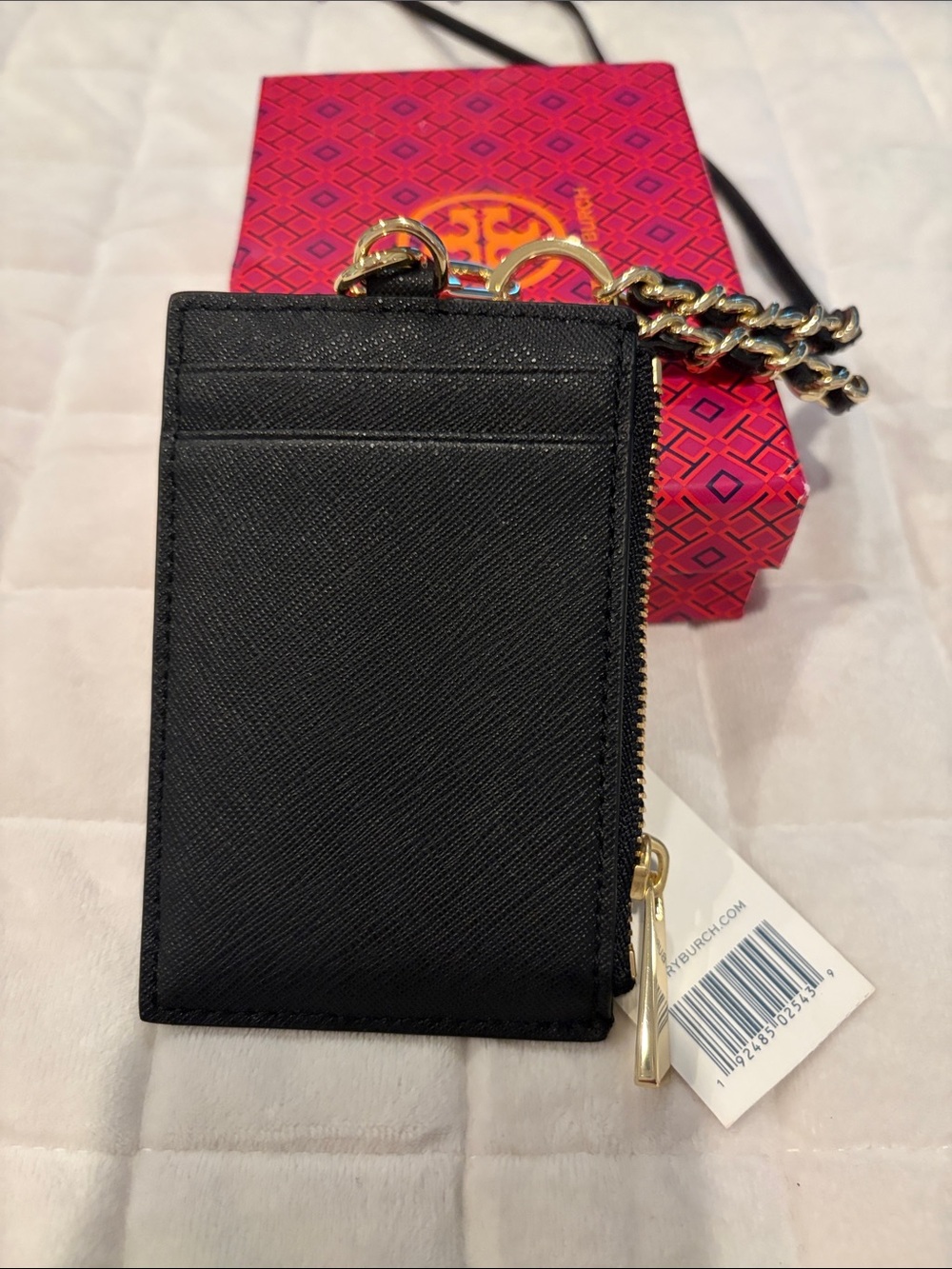 Tory Burch Black Leather Card Holder with Gold Chain Lanyard - Picture 4 of 5